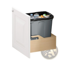 Gray plastic 35qt pullout undercounter waste container with black liner and soft close wood frame mechanism