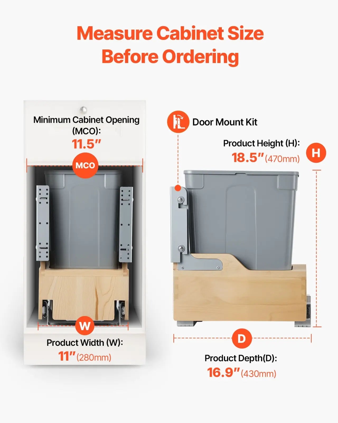 Gray plastic 35qt pullout kitchen waste container with soft close wooden frame base and metal mounting hardware