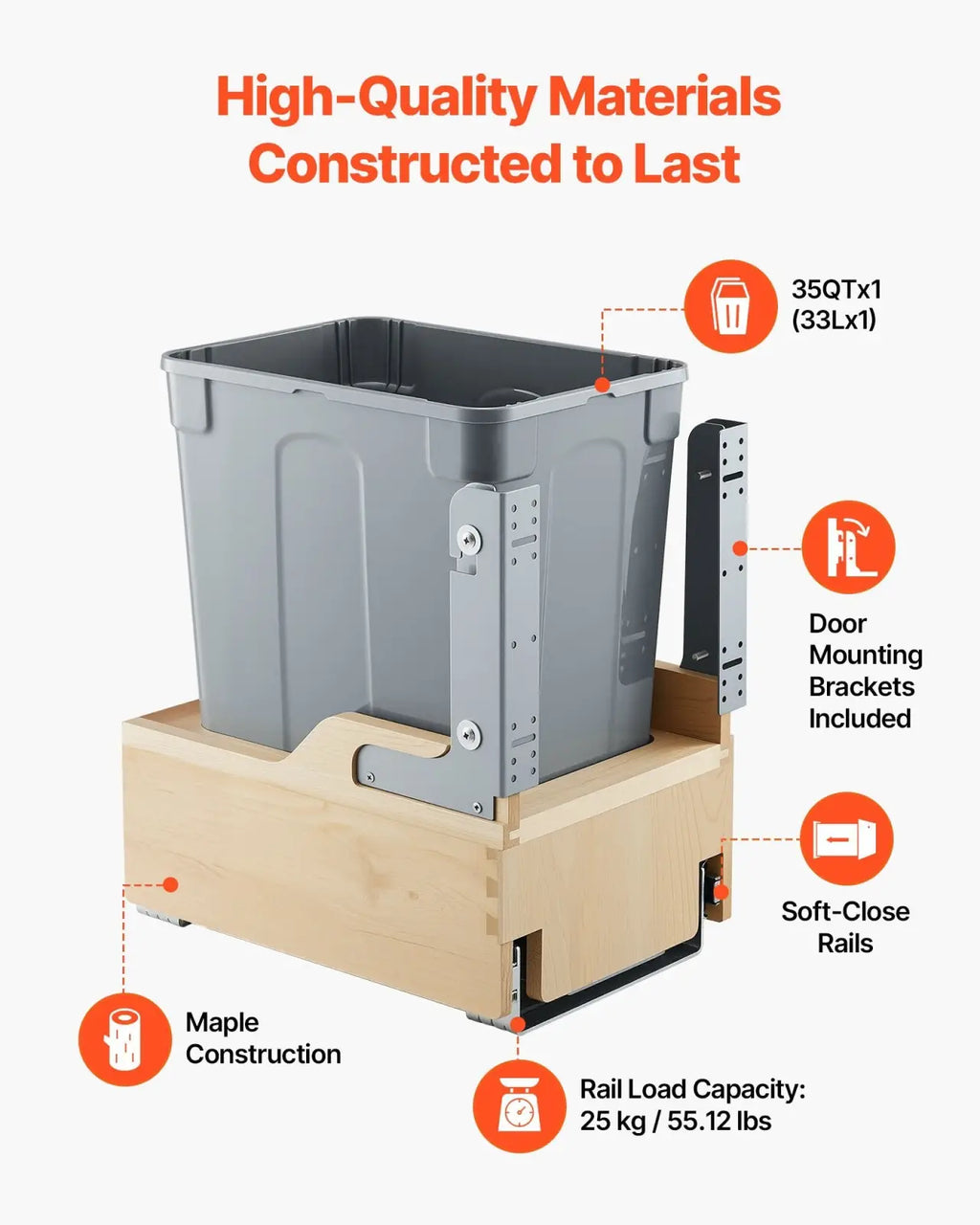 Gray plastic 35qt pullout waste container mounted in maple wood cabinet with soft-close rails and wood frame