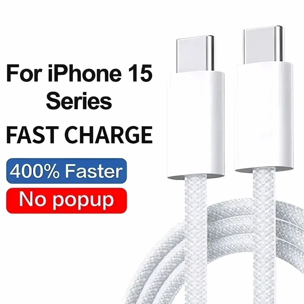 White braided 35w fast usb-c to usb-c charging cable designed for iphone 15 series with fast charge capability