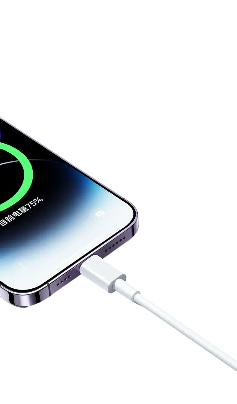 White 35w fast USB-C iPhone charging cable connected to a smartphone displaying 75 percent battery level