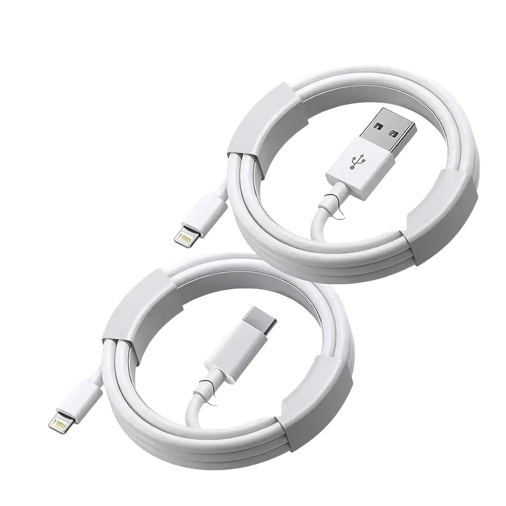White coiled usb-c and lightning charging cables with 35w fast charger for iphone charging use