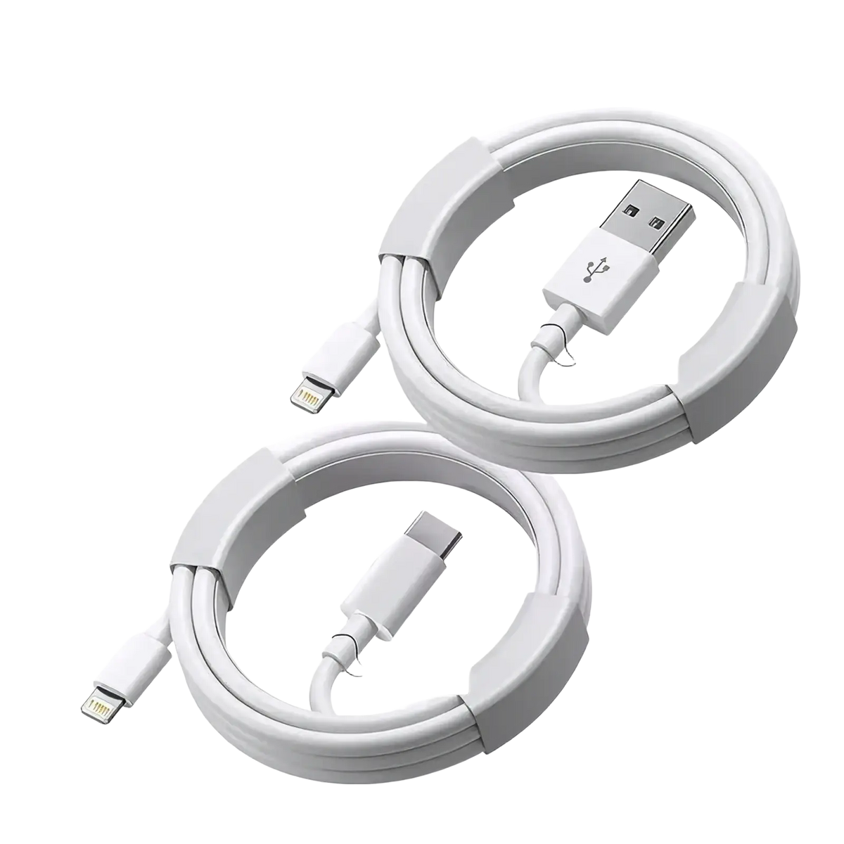 White coiled usb-c and lightning charging cables with 35w fast charger for iphone charging use