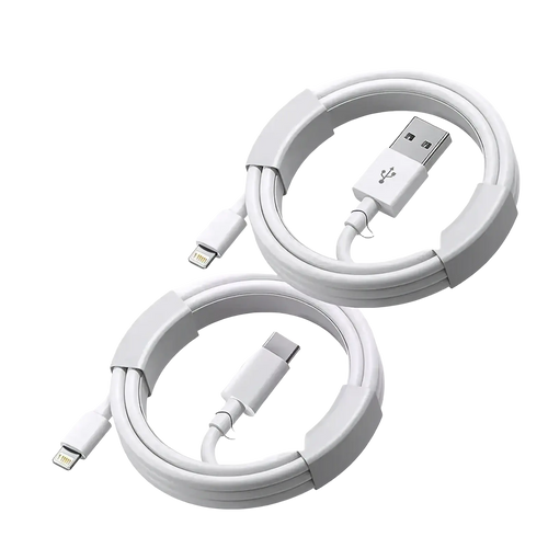 White coiled usb-c and lightning charging cables with 35w fast charger for iphone charging use