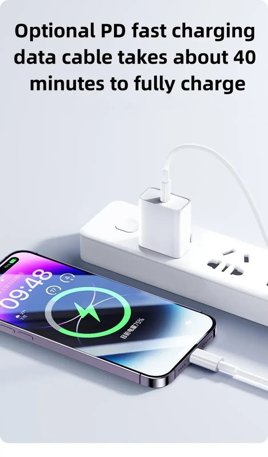 White 35w fast usb c iphone charging cable plugged into smartphone and power strip for pd fast charging