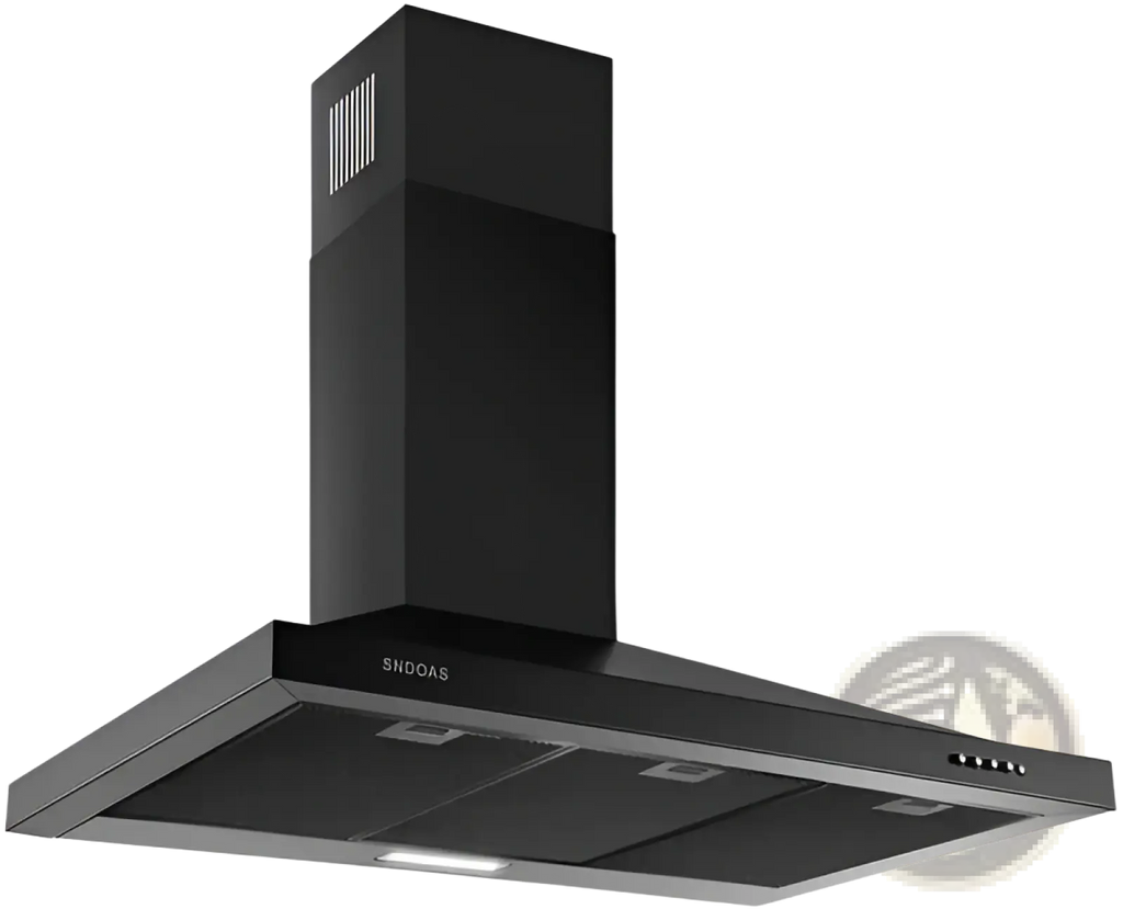 36 inch black stainless steel wall mount range hood with sleek modern design and stainless steel accents
