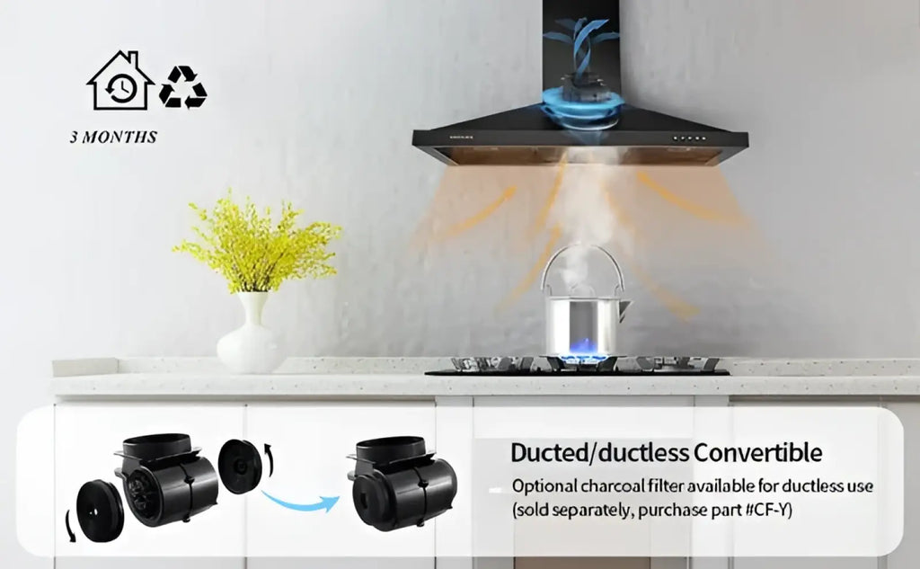 36 inch black stainless steel wall mount range hood with triangular shape and blue illuminated interior for modern kitchens