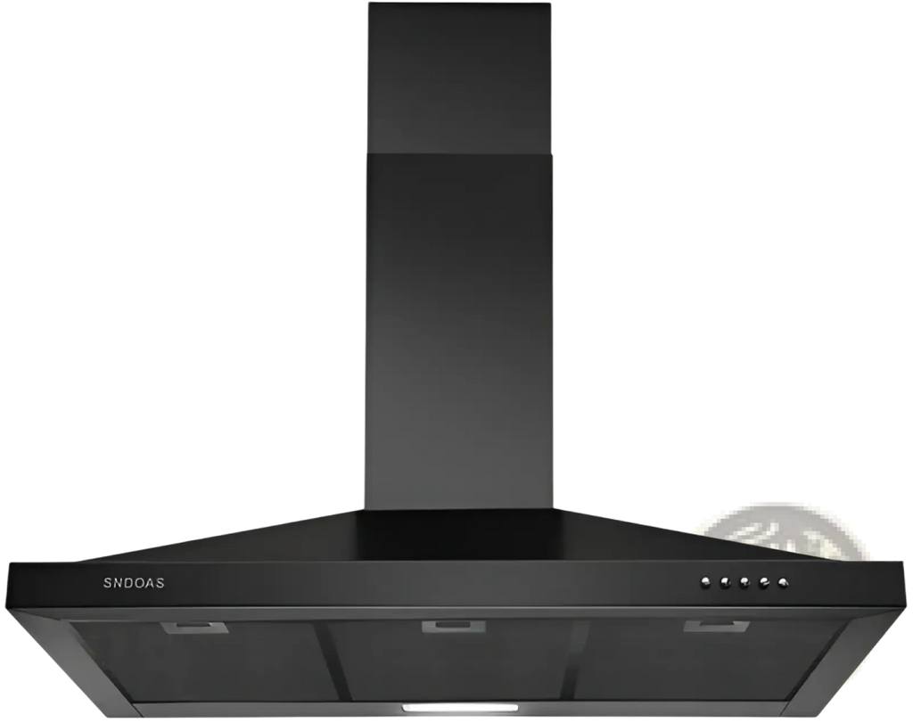 36 inch black stainless steel wall mount range hood with sleek modern design and four illuminated control buttons