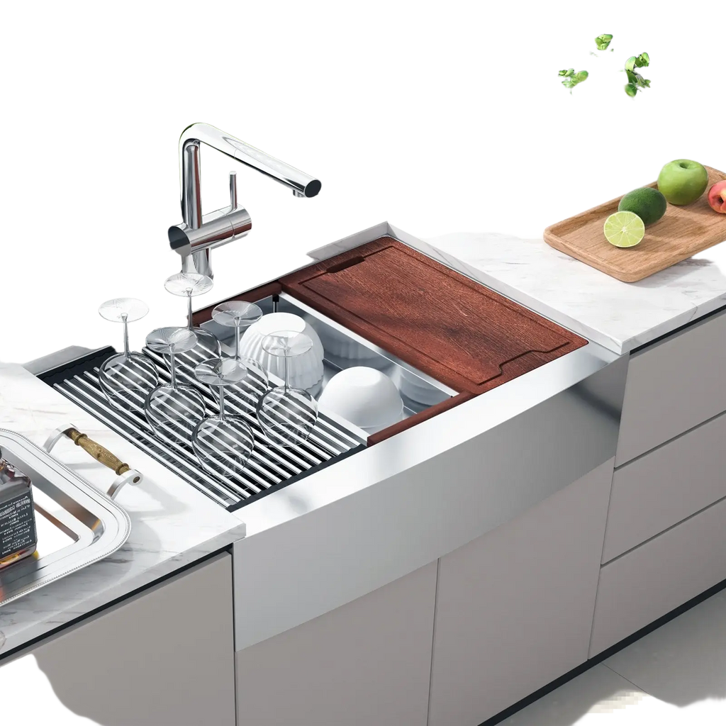 36 inch stainless steel farmhouse workstation sink with built-in wooden cutting board and metal dish rack
