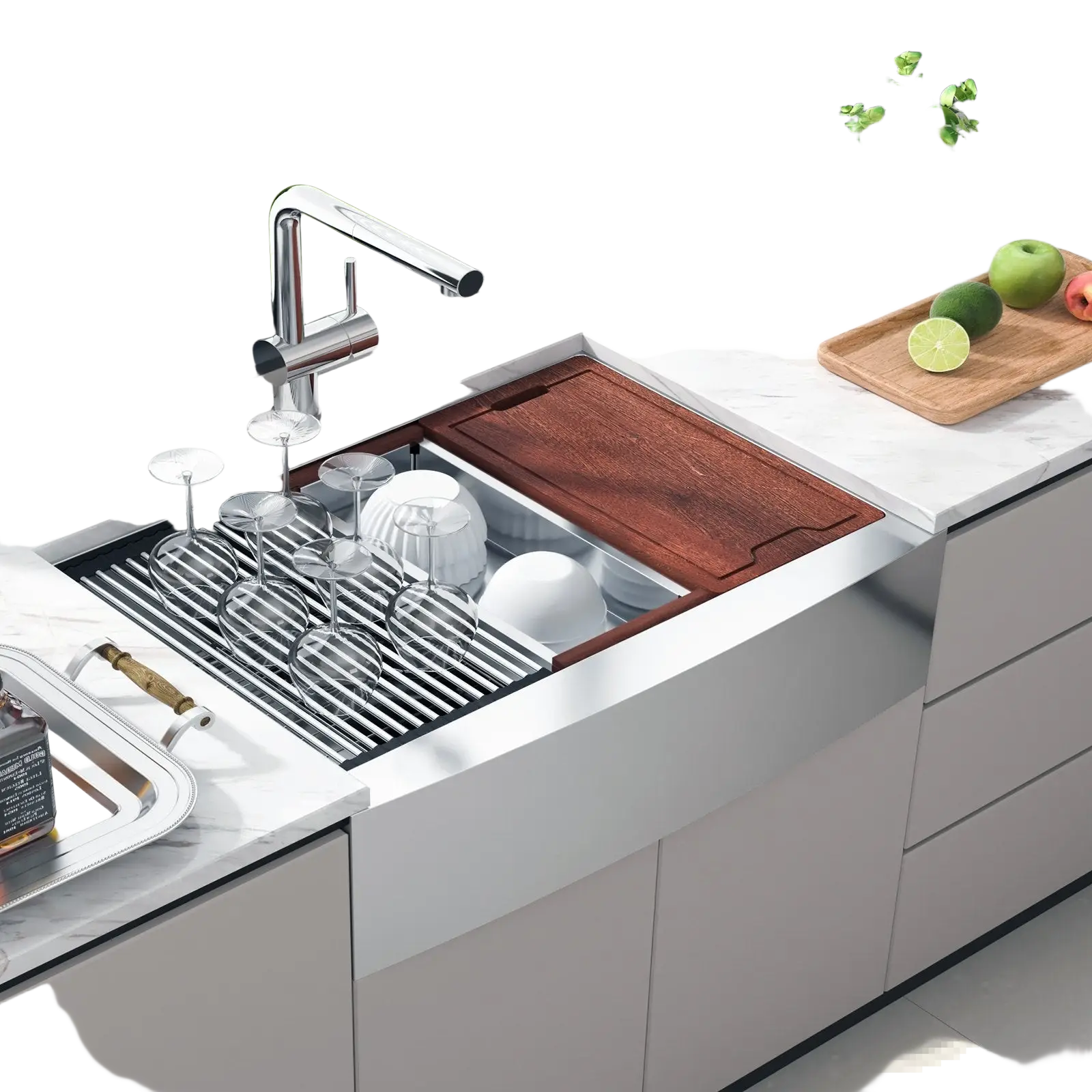 36 inch stainless steel farmhouse workstation sink with built-in wooden cutting board and metal dish rack