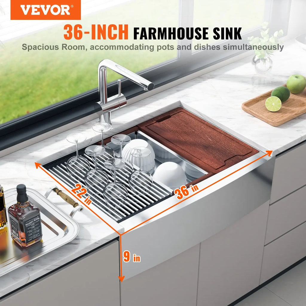 36 inch stainless steel farmhouse workstation sink with integrated wooden cutting board and built-in dish rack