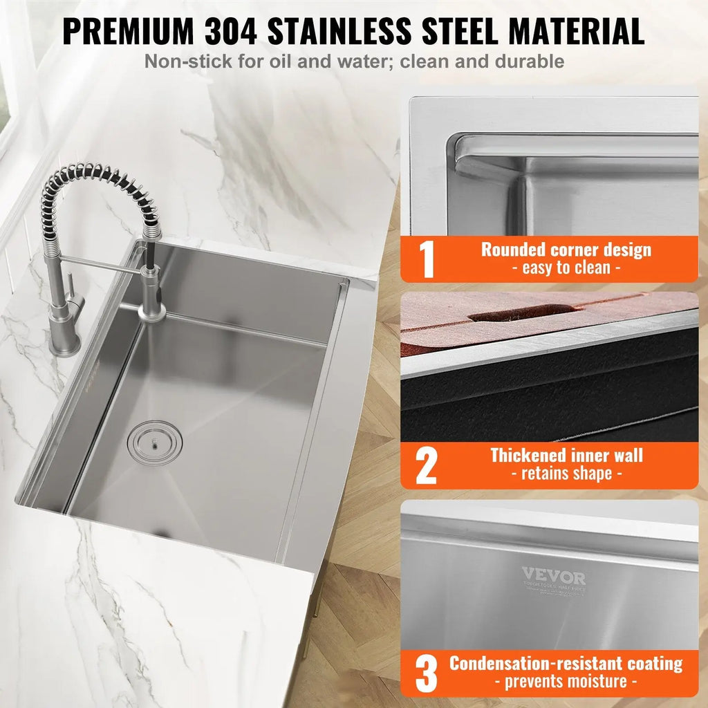 36 inch stainless steel farmhouse workstation sink with rounded corners, thickened inner wall, and sleek metallic finish