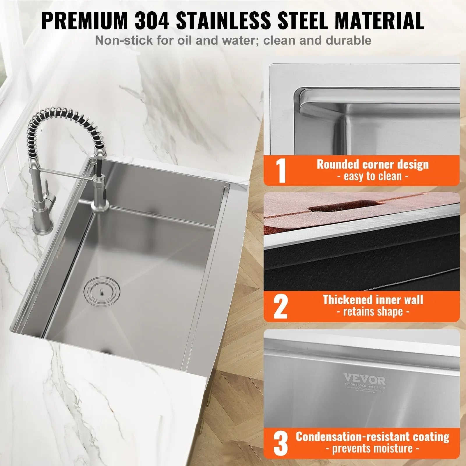 36 inch stainless steel farmhouse workstation sink with rounded corners, thickened inner wall, and sleek metallic finish