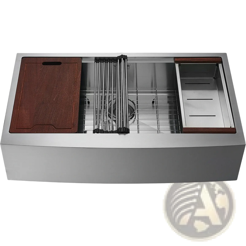 36 inch stainless steel farmhouse workstation sink with dark wood cutting board on left and wooden-rimmed dish drainer on right