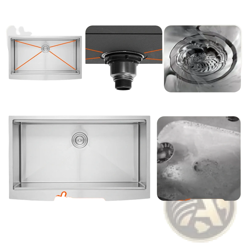 36 inch stainless steel farmhouse workstation sink with sleek rectangular design and integrated drain for kitchen use