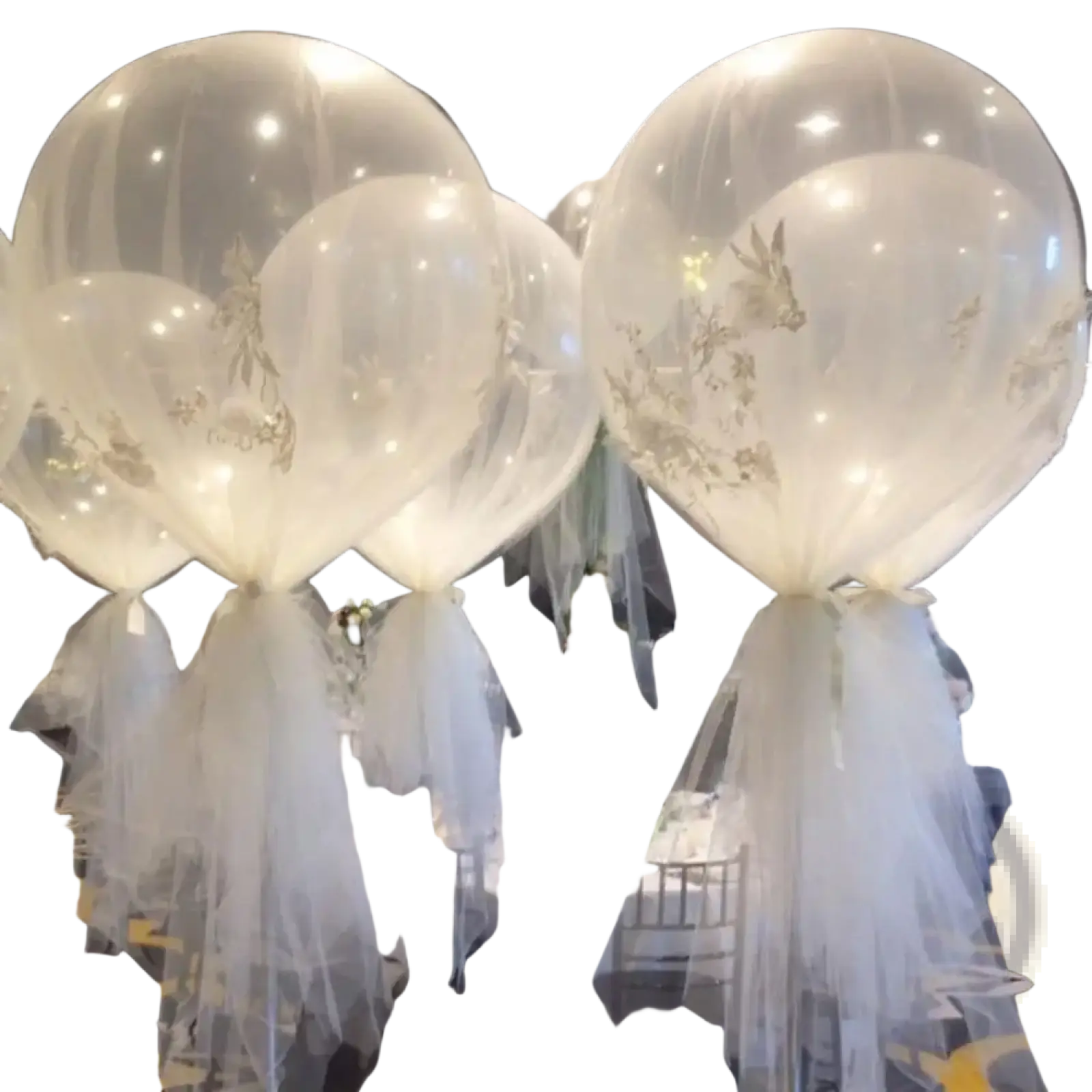 36 inch transparent wedding balloon with silver floral embroidery and white tulle for romantic party decor