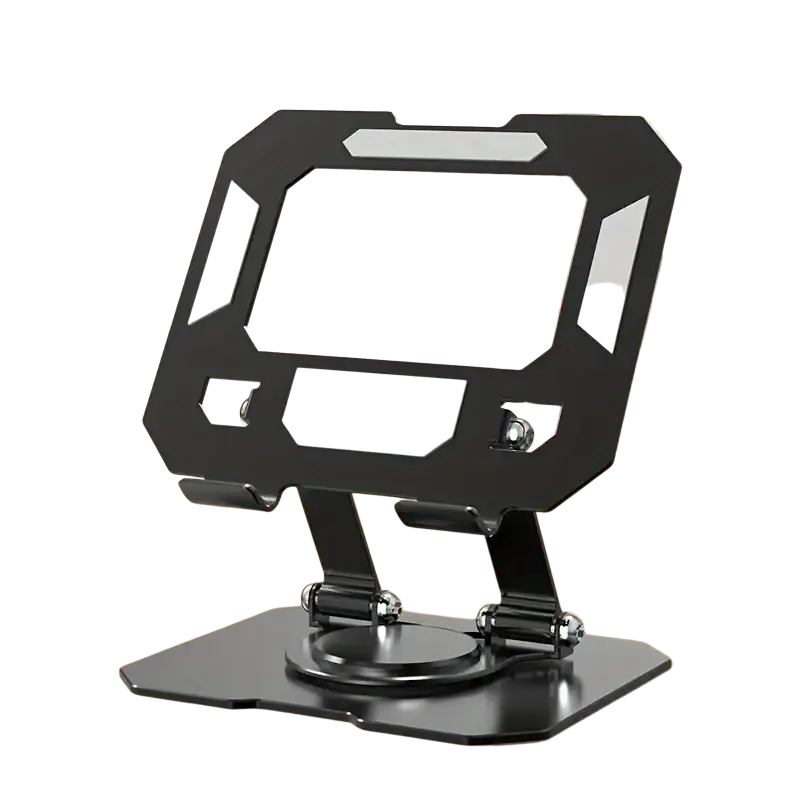 Black space black aluminum 360 rotatable tablet stand with sleek angular design and silver accent panels