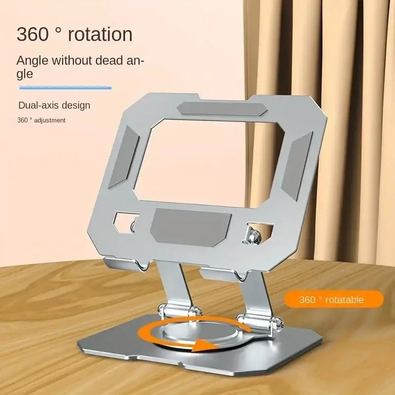 Silver metallic 360 rotatable aluminum tablet stand with dual-axis design for 4.7 to 12 inch devices