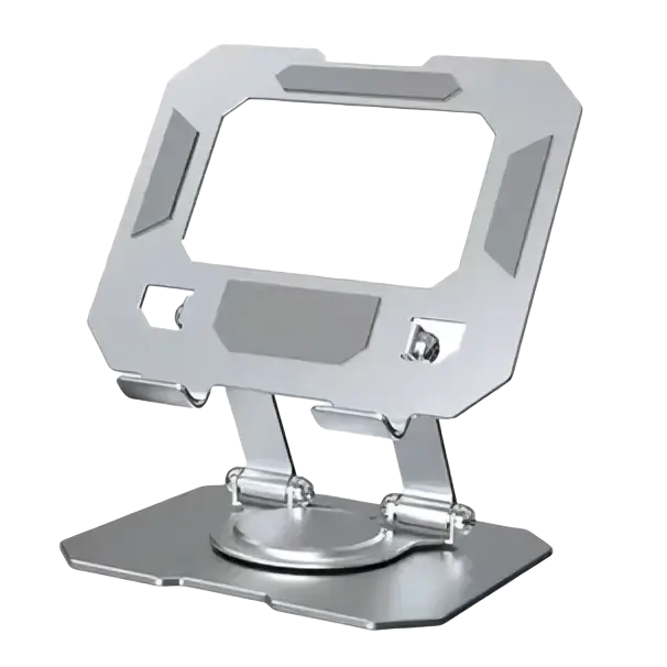 Silver metallic 360 rotatable aluminum tablet stand with sleek angular design and adjustable legs for 4.7 to 12 inch devices