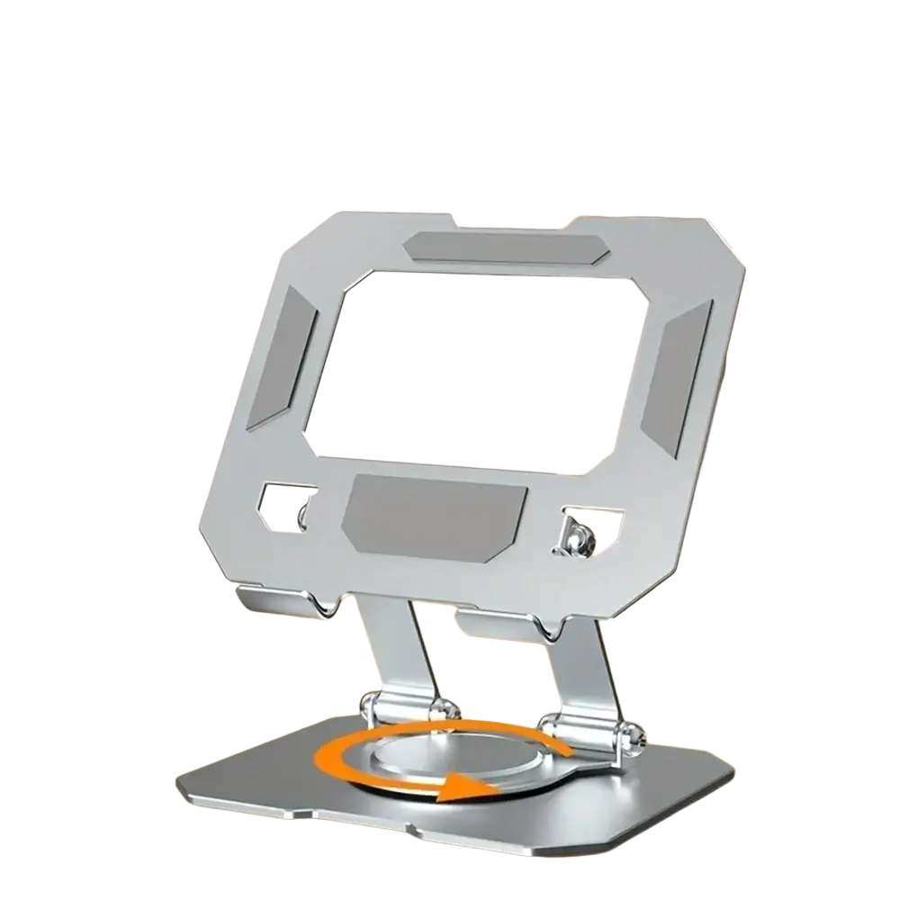 Silver metallic 360 rotatable aluminum tablet stand with sleek angular design for 4.7 to 12 inch devices