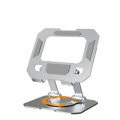 Silver metallic 360 rotatable aluminum tablet stand with sleek angular design for 4.7 to 12 inch devices