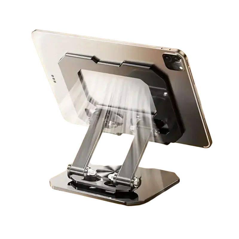 Silver metallic 360 rotatable aluminum tablet stand with adjustable foldable arms for 4.7 to 12 inch devices