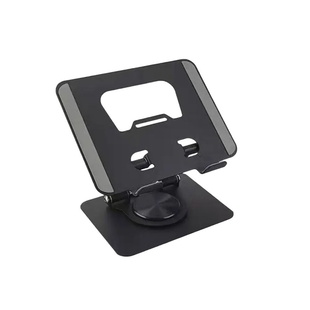 Black metal 360° rotatable laptop stand with adjustable height angle and cutout slots for device support