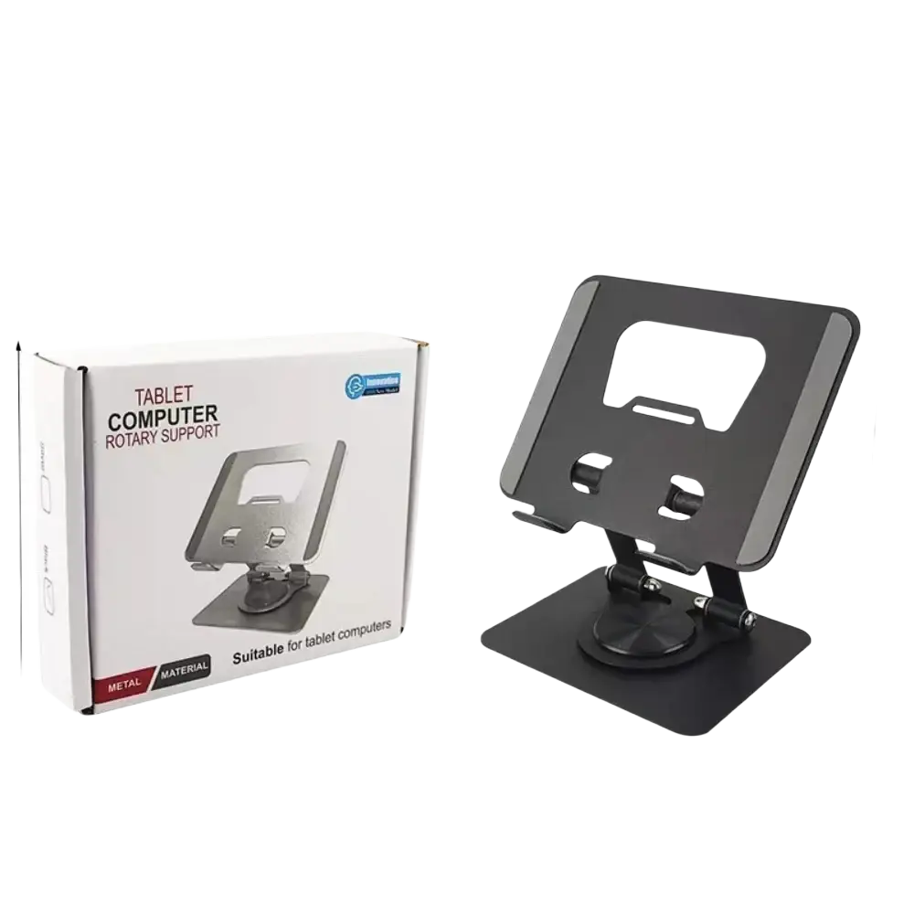 Black metal 360° rotatable tablet and laptop stand with sleek adjustable support for versatile use