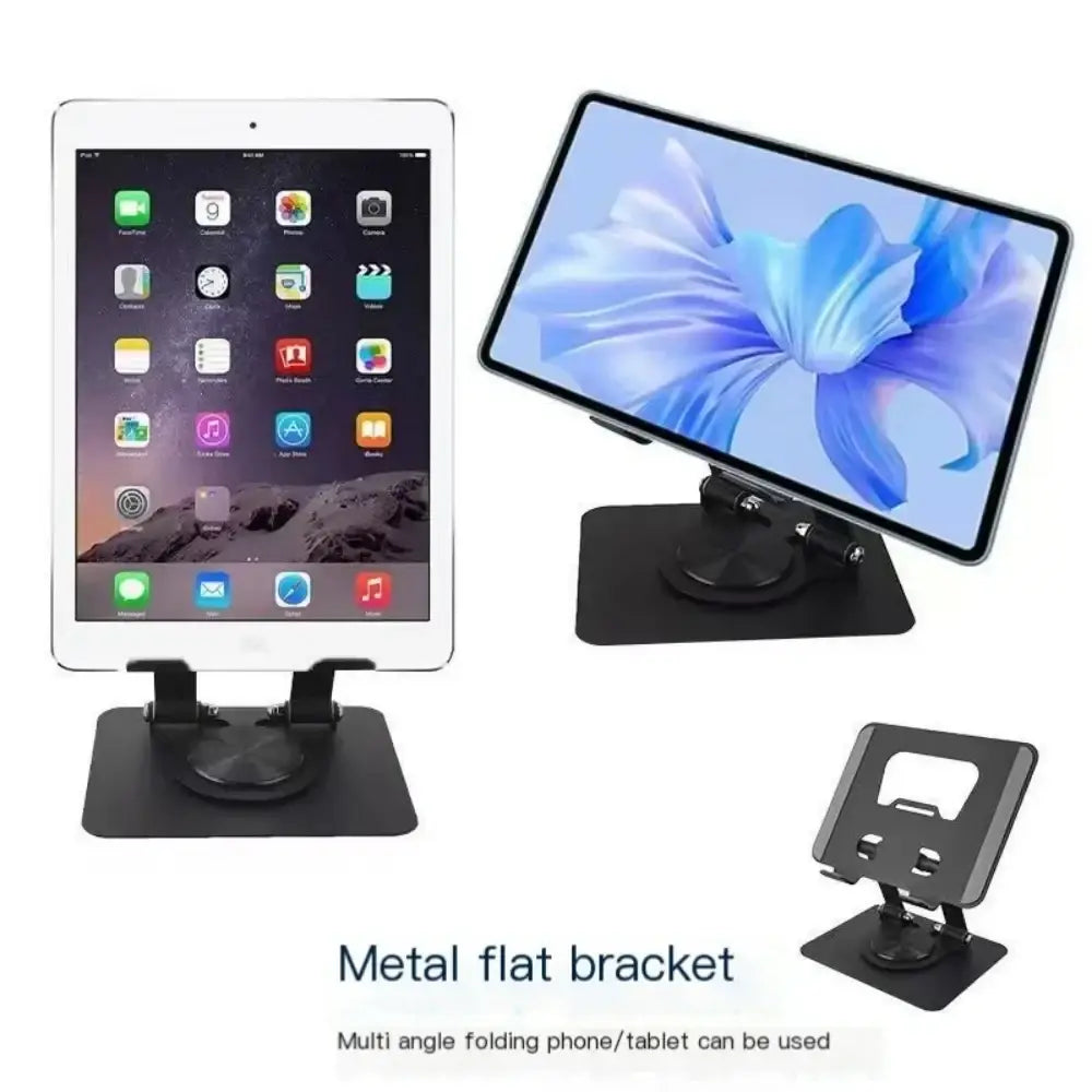 Black metal flat bracket of 360° rotatable tablet and laptop stand for multi-angle folding phone or tablet support