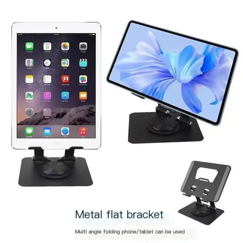 Black metal flat bracket of 360° rotatable tablet and laptop stand for multi-angle folding phone or tablet support