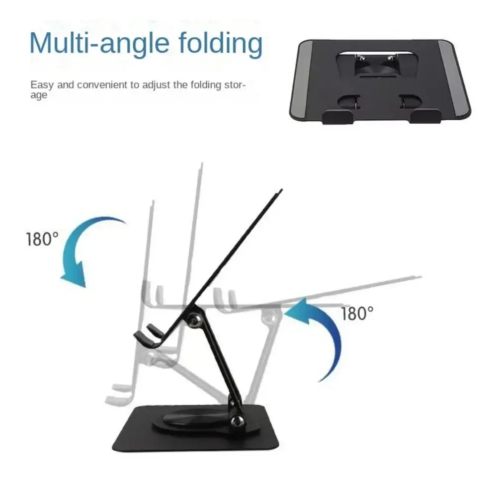 Black multi-angle folding laptop stand with adjustable arms and sturdy base for 360° rotatable tablet and laptop use