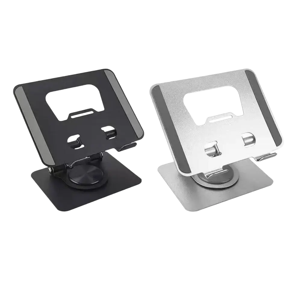 Black and silver aluminum 360° rotatable laptop stands with sleek minimalist design and adjustable angles for optimal positioning
