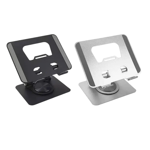 Black and silver aluminum 360° rotatable laptop stands with sleek minimalist design and adjustable angles for optimal positioning
