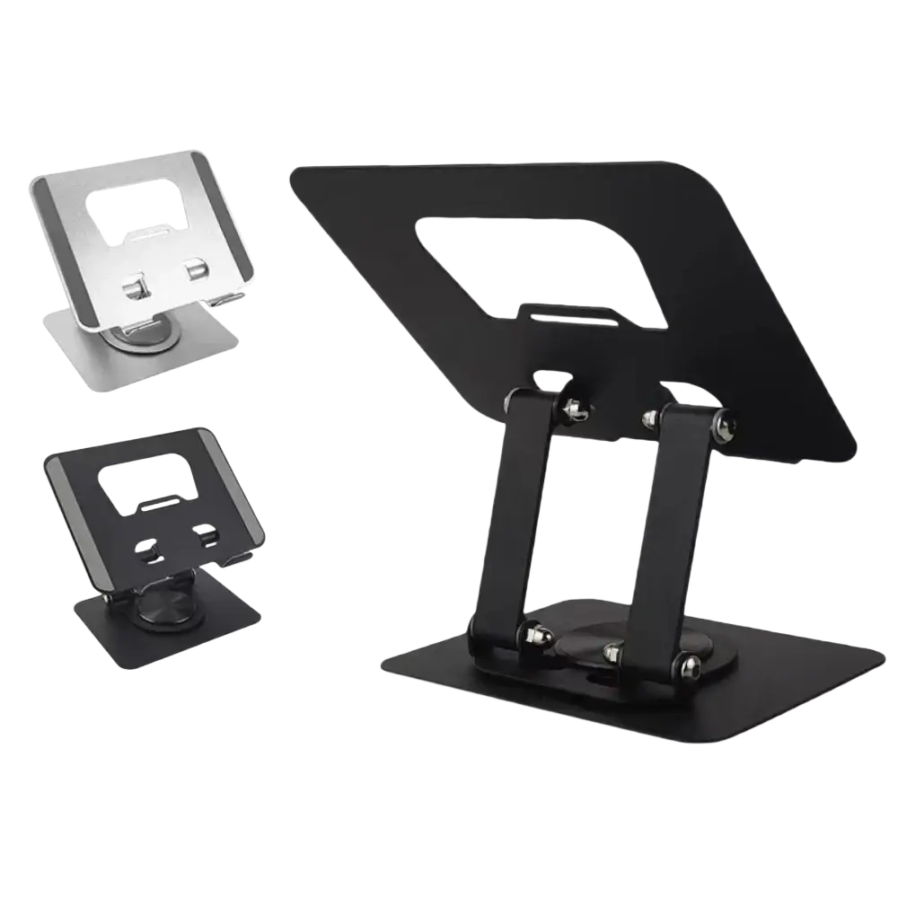 Black and silver metal 360° rotatable tablet and laptop stand with adjustable angle for ergonomic viewing