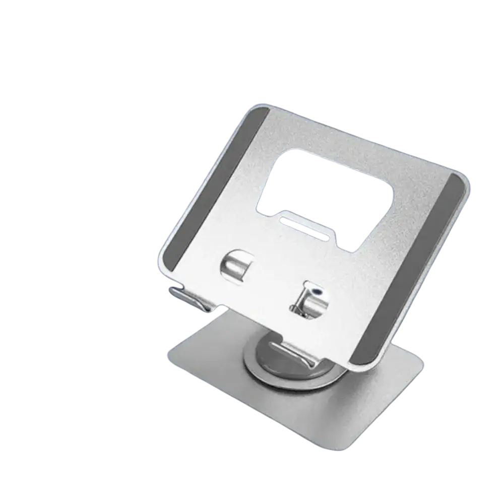 Silver aluminum alloy 360° rotatable tablet and laptop stand with a sleek minimalist design and magnetic base