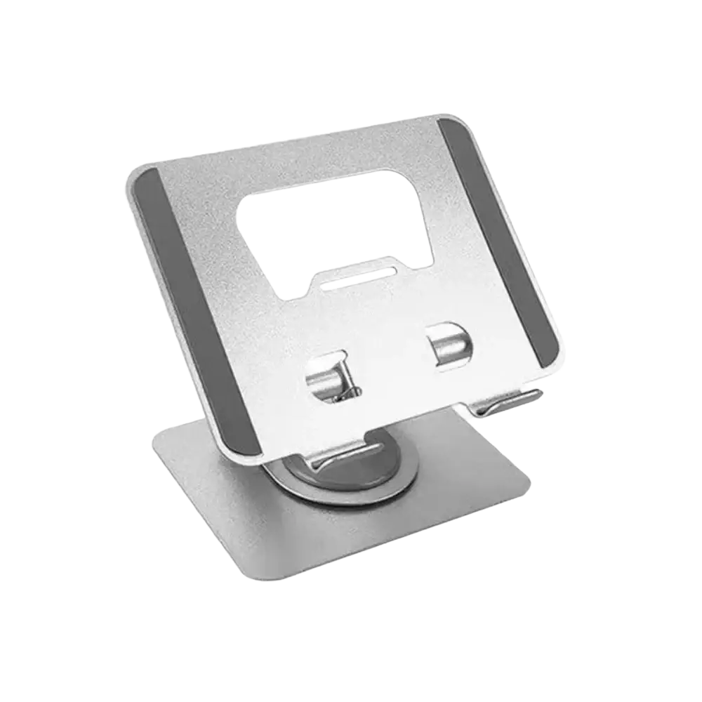 Silver metallic 360° rotatable tablet and laptop stand with sleek minimalist design and black rubberized grip strips
