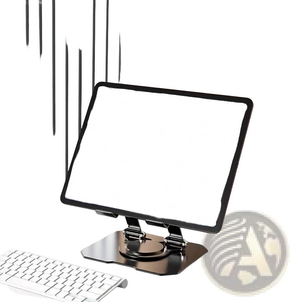 Black all-metal carbon steel flat lifting bracket shown from the back for 360 rotating adjustable tablet stand holder
