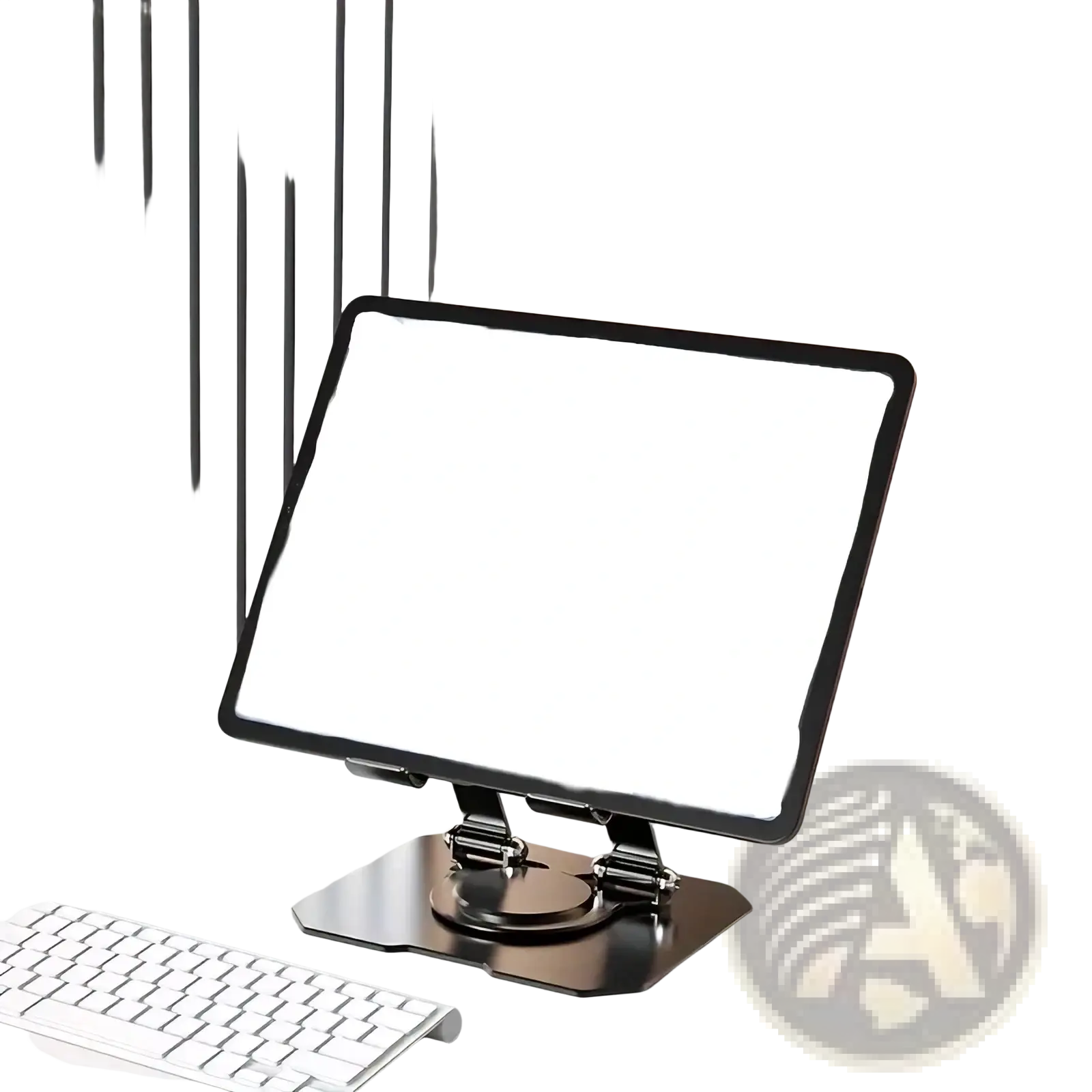 Black all-metal carbon steel flat lifting bracket shown from the back for 360 rotating adjustable tablet stand holder
