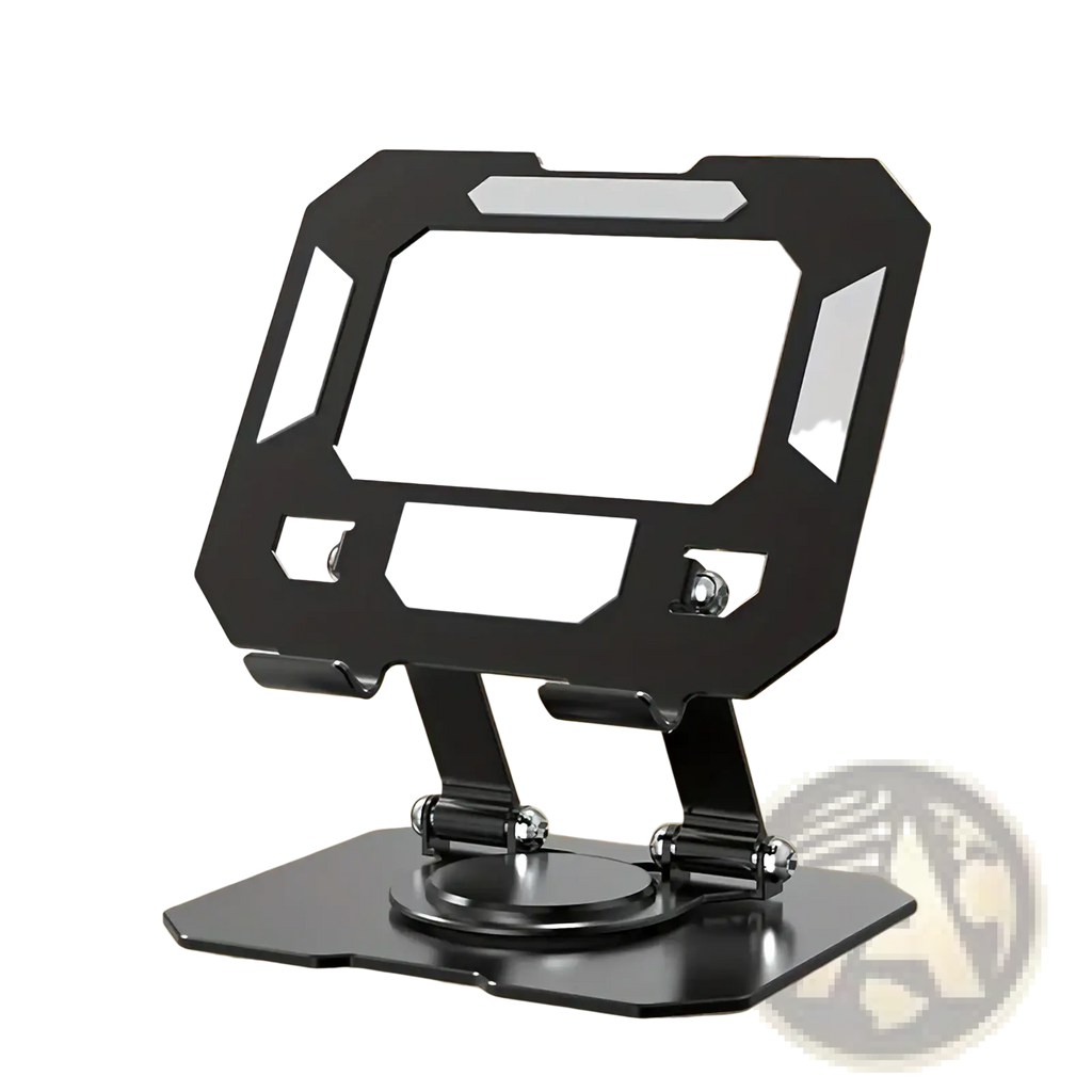 Black adjustable tablet stand holder with sleek minimalist design and metallic accents featuring 360 rotating function