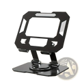 Black adjustable tablet stand holder with sleek minimalist design and metallic accents featuring 360 rotating function