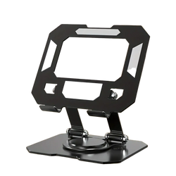 Black adjustable tablet stand holder with sleek minimalist design and metallic accents featuring 360 rotating function