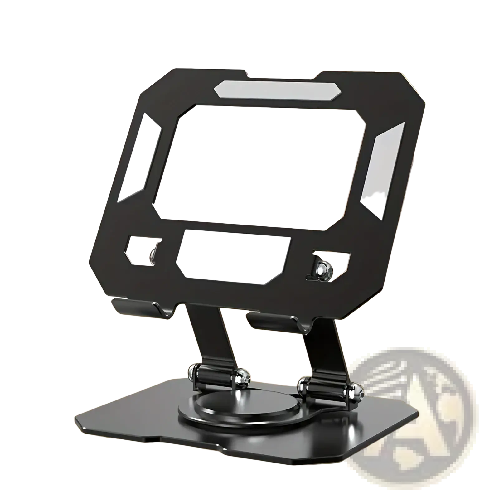 Black adjustable tablet stand holder with sleek minimalist design and metallic accents featuring 360 rotating function