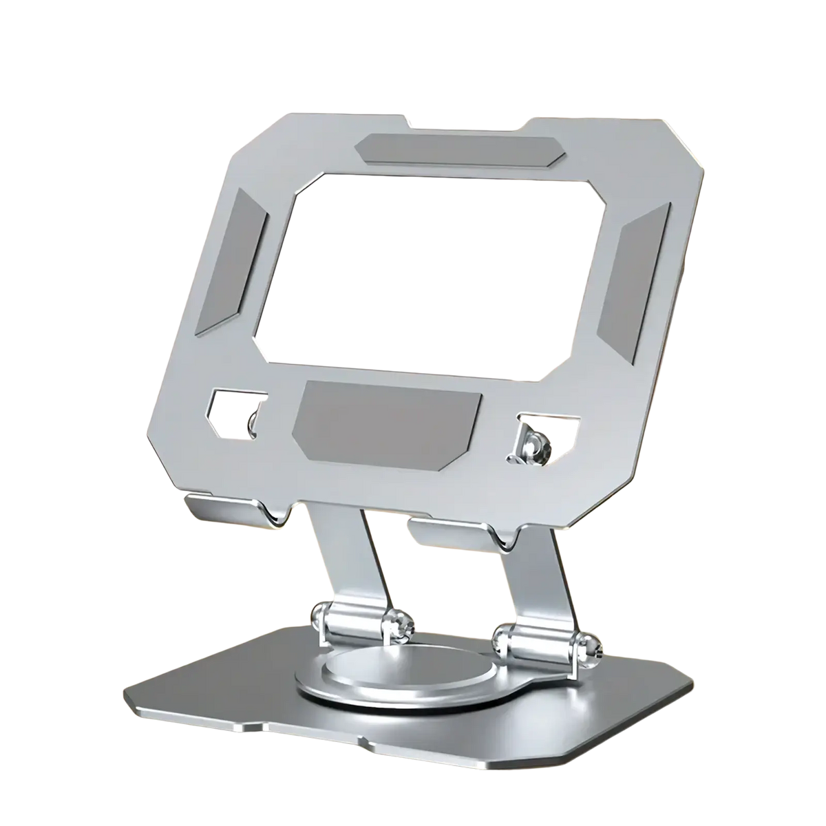 Frost silver adjustable metal tablet stand with sleek geometric design and foldable legs for 360 rotating use