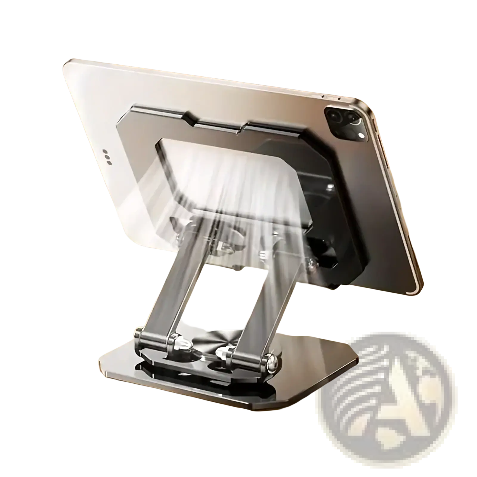 Adjustable silver metal 360 rotating tablet stand holder holding a black ipad for versatile device support