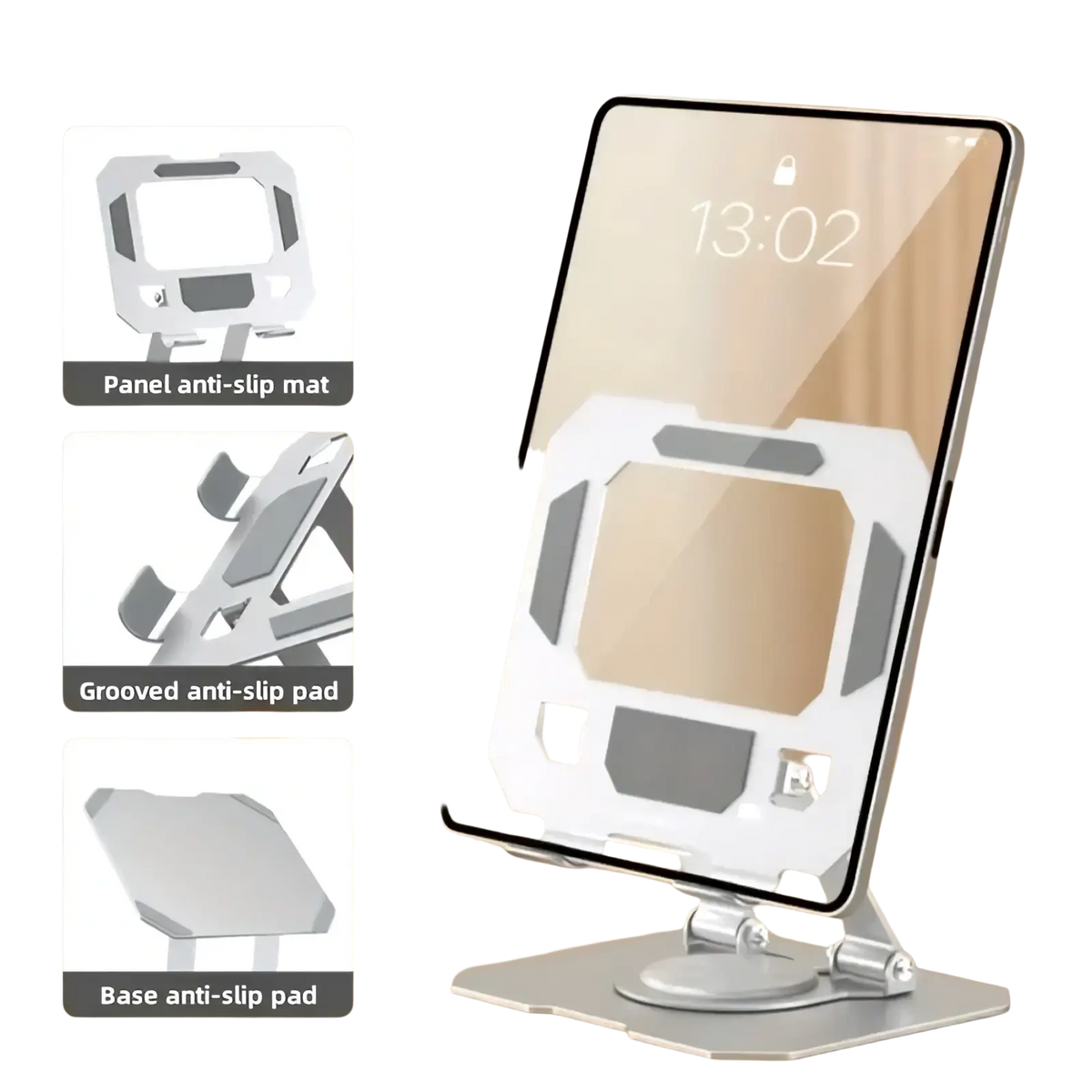 Silver metallic 360 rotating adjustable tablet stand holder with sleek angular design and anti slip pads for secure support