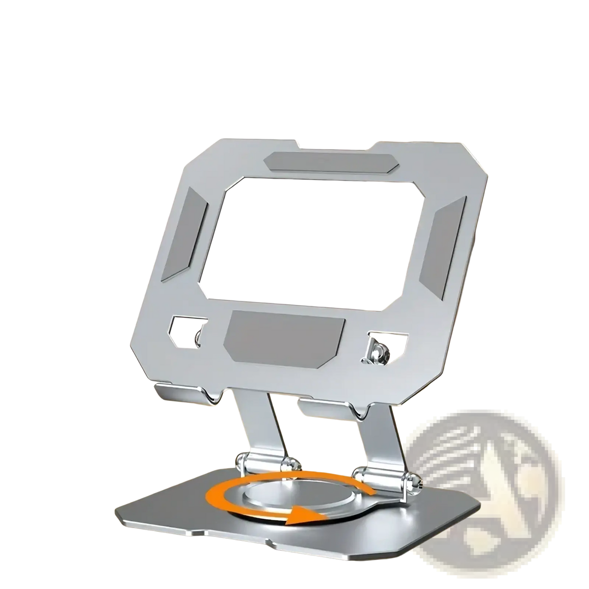 Silver metallic dual-axis laptop stand with 360-degree rotation adjustable tablet stand holder for versatile use