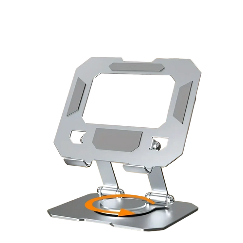 Silver metallic dual-axis laptop stand with 360-degree rotation adjustable tablet stand holder for versatile use