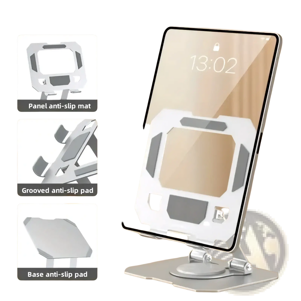 Silver metallic 360 rotating adjustable tablet stand holder with sleek angular design and anti slip pads for secure support