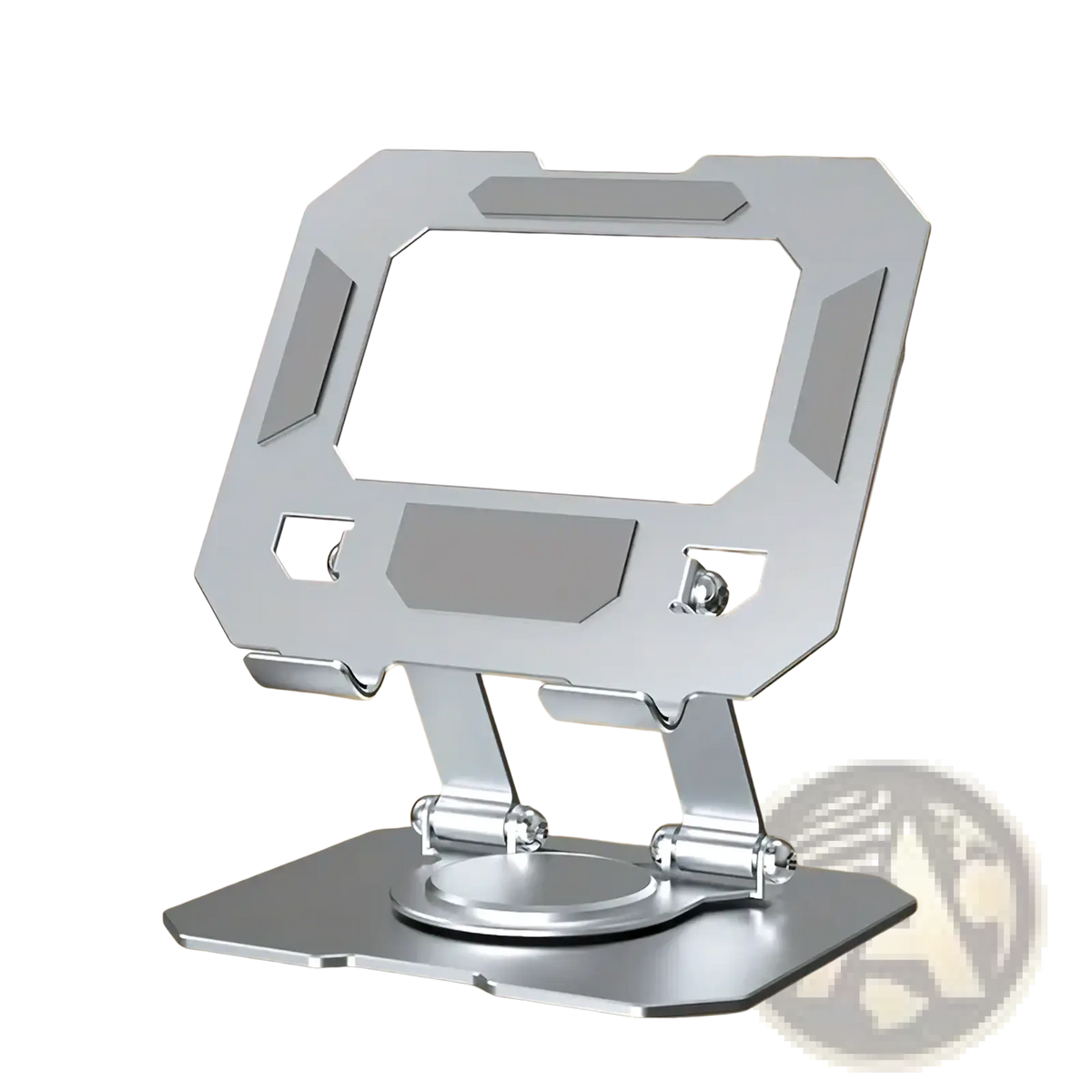 Frost silver adjustable metal tablet stand with sleek geometric design and foldable legs for 360 rotating use