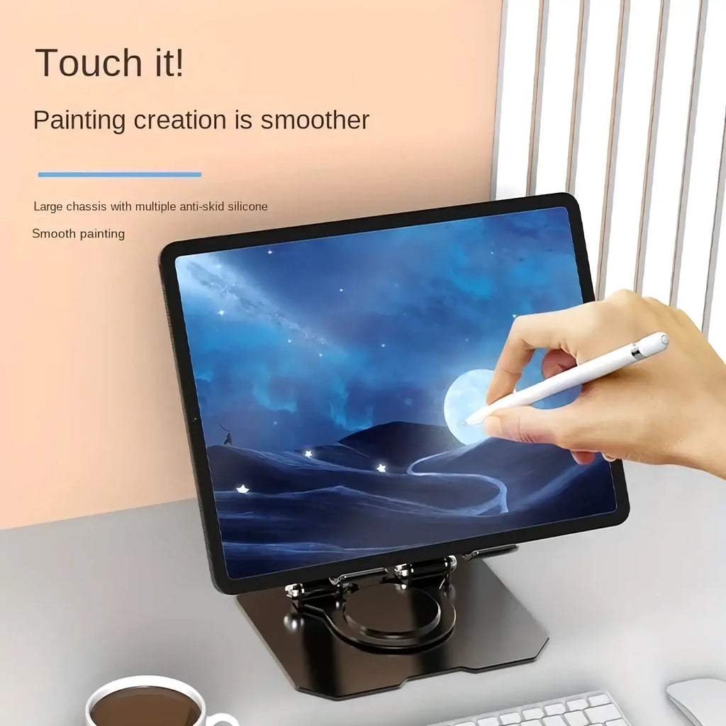 White stylus pen used with tablet on 360 rotating adjustable tablet stand holder for versatile device use